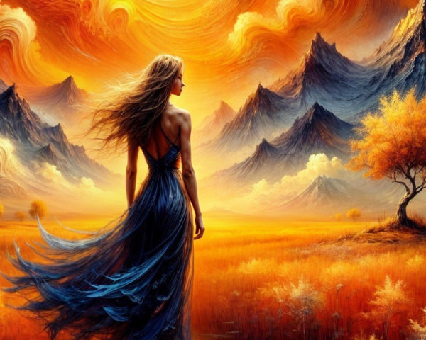 Woman in Blue Dress at Serene Sunset Landscape
