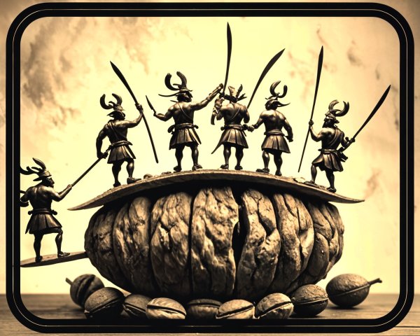 Miniature Warriors on Walnut Shell in Vintage Scene
