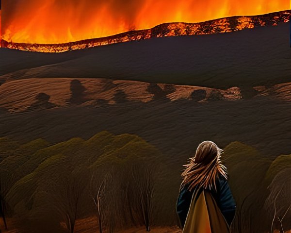 Cloaked Figure Amidst Fiery Landscape and Dark Trees