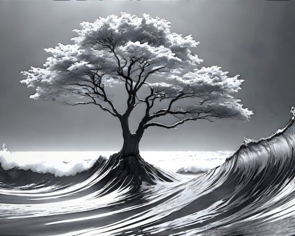 Solitary Tree Amidst Monochromatic Waves and Nature's Power