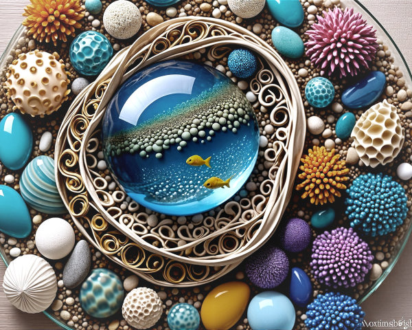 Colorful Textured Orbs and Underwater Scene in Dome