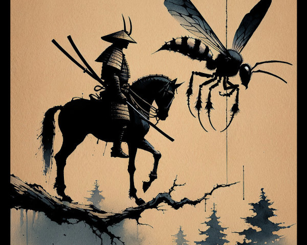 Samurai on Horseback in Barren Landscape with Bee