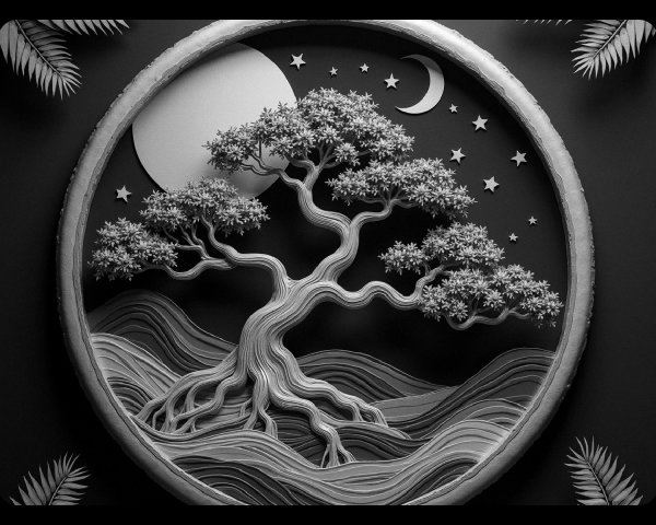 Monochromatic paper art of a textured bonsai tree