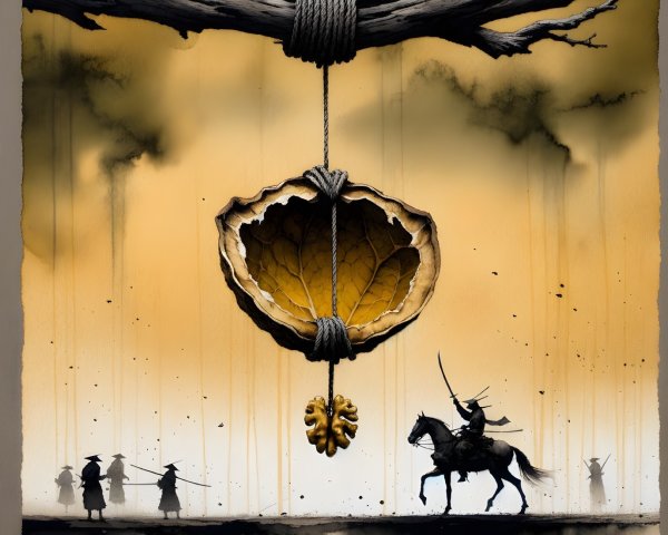 Surreal Scene of Suspended Leaf and Shadowy Figures