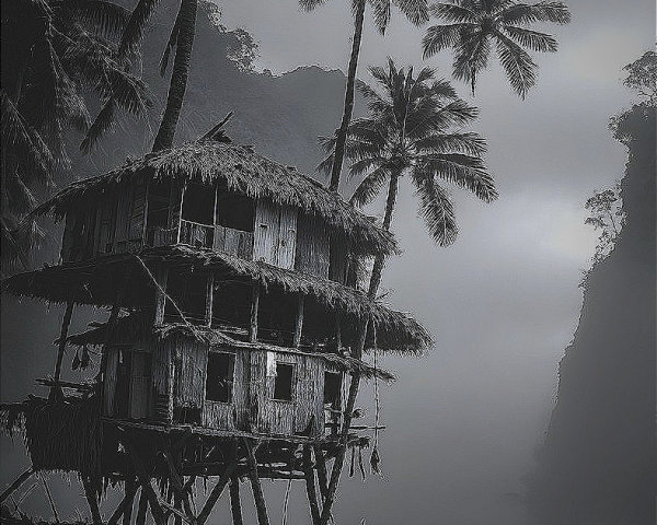 Black-and-white image of a stilted wooden hut in mist