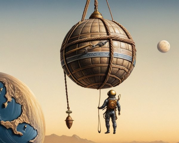 Astronaut Hovering Above Surreal Landscape and Earth