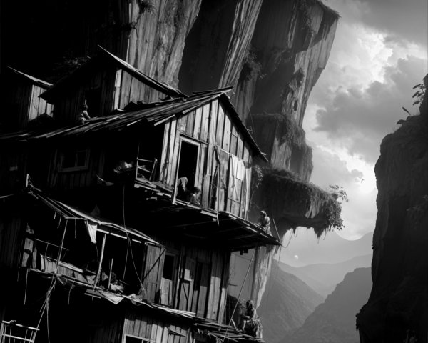 Wooden House on Cliff Under Dark Clouds