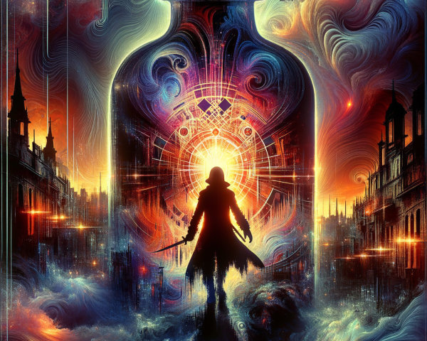Giant Potion Bottle in a Dreamlike Cityscape Scene
