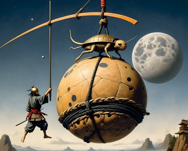 Surreal Landscape with Warrior and Mechanical Turtle