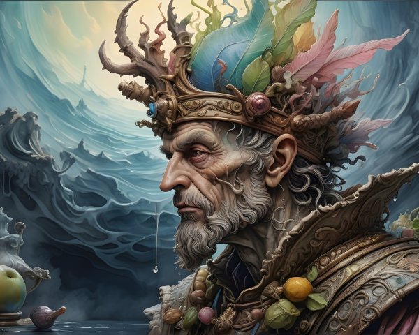 Elderly Regal Figure with Crown and Mystical Surroundings