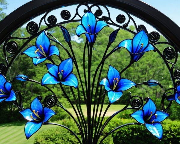 Wrought Iron Panel with Blue Lilies and Green Landscape