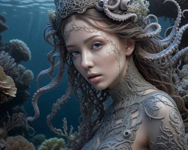 Underwater Scene with Intricate Skin Designs and Coral