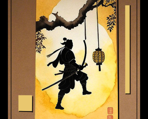 Samurai Silhouette with Sword Against Golden Backdrop