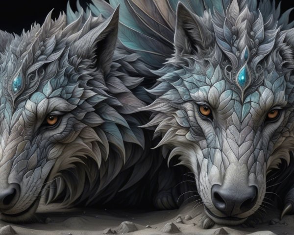 Intricately Designed Wolves with Crystalline Fur Patterns