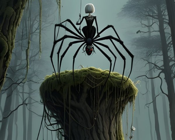 Giant Spider in a Mystical Shadowy Forest Scene