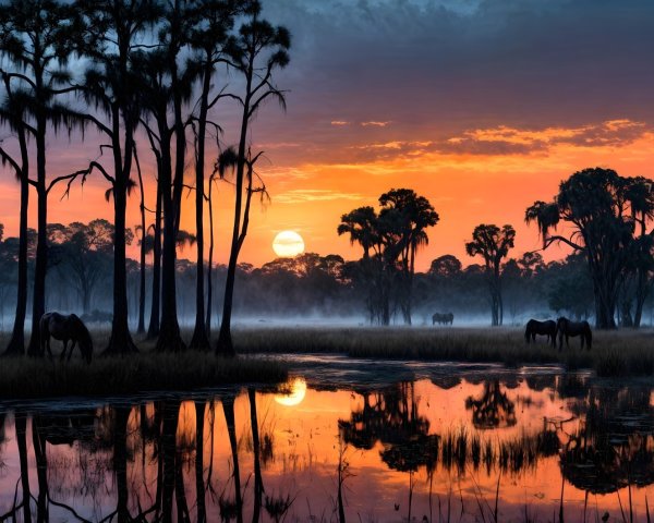 Serene Sunset Landscape with Silhouetted Trees and Horses