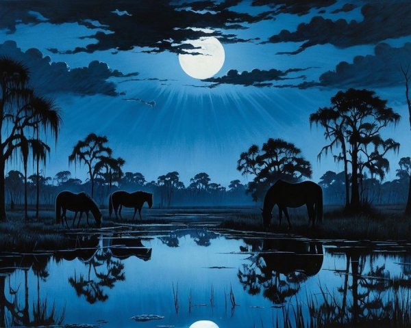 Tranquil Night Landscape with Horses and Moonlight
