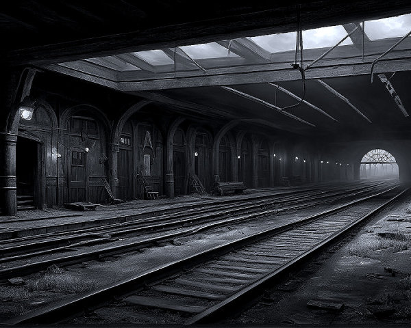 Abandoned Train Station with Worn Beams and Dusty Tracks
