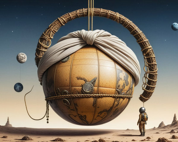Surreal Landscape with Suspended Ornate Globe and Astronaut