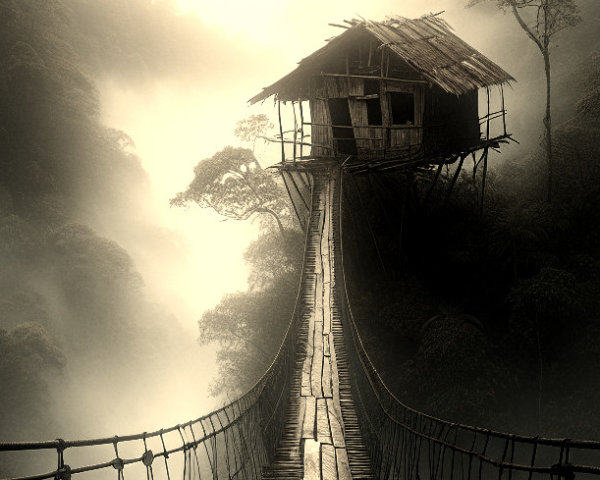 Rustic Wooden House on Stilts Surrounded by Fog and Greenery