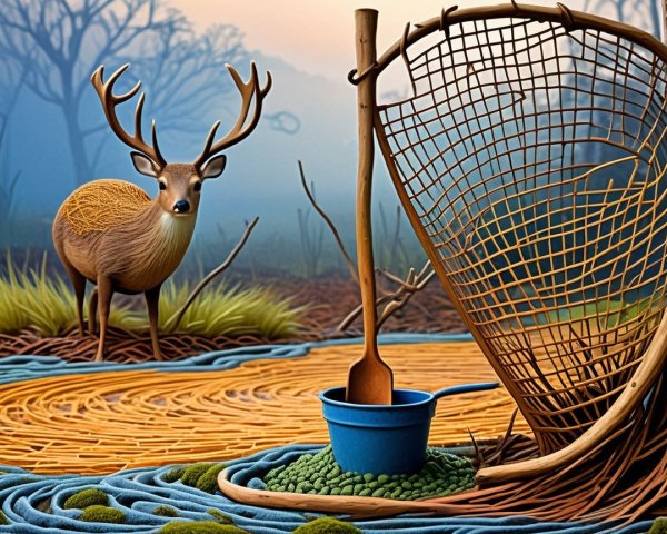 Serene landscape with deer, net, and colorful ground