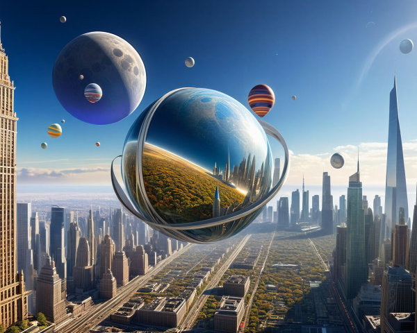 Futuristic cityscape with skyscrapers and celestial bodies