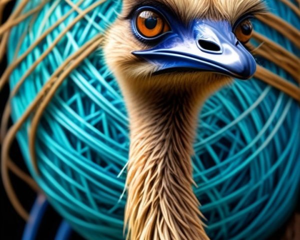 Close-up of an ostrich with orange eyes and blue beak