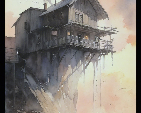 Whimsical Watercolor of a Cliffside Wooden House