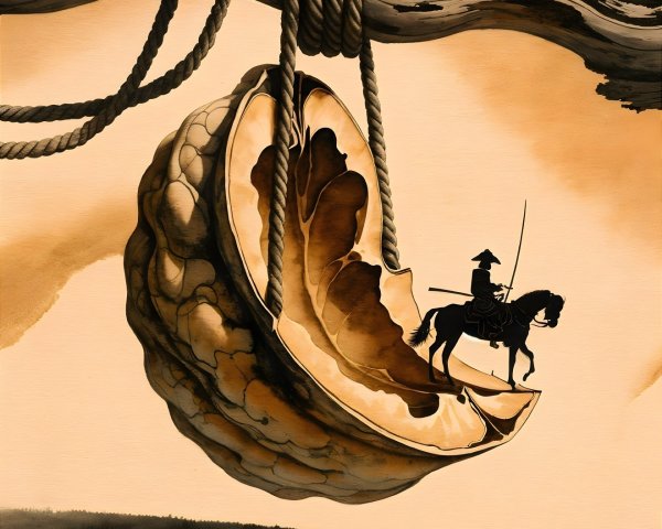 Giant Walnut Shell with Horseman Against Sepia Background