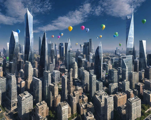 Vibrant City Skyline with Colorful Balloons and Clouds