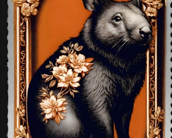 Stylized Wombat Illustration in Ornate Floral Frame