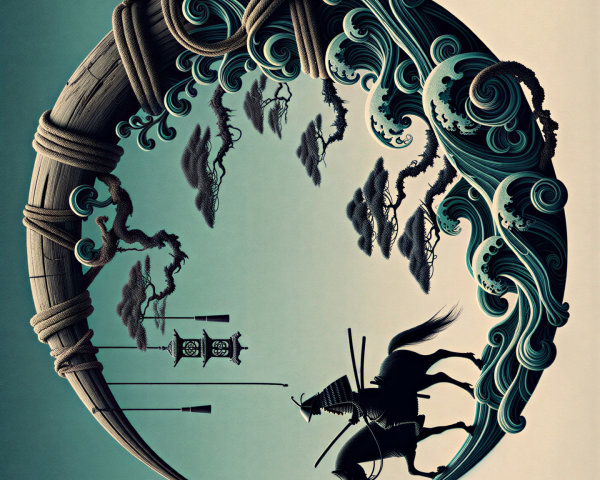 Knight on Horseback with Abstract Crescent Background