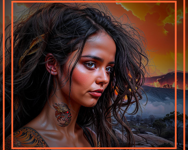 Close-up of a woman with wild hair and dragon tattoo