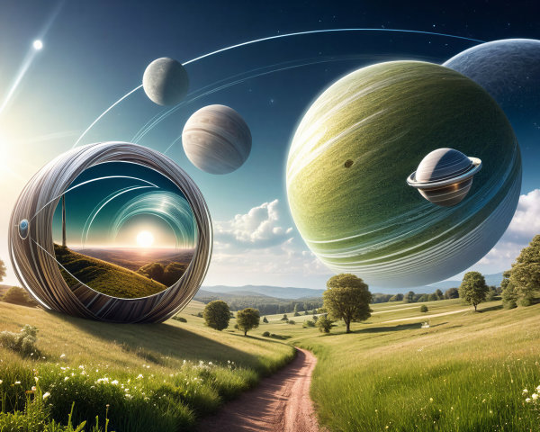 Serene Landscape with Cosmic Elements and Wildflowers