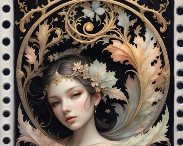 Serene Young Woman Surrounded by Leaves and Butterflies