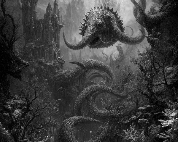 Monochrome Underwater Scene with Colossal Sea Creature