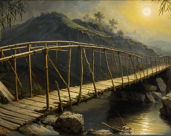 Serene Landscape with Bamboo Bridge Over Calm River