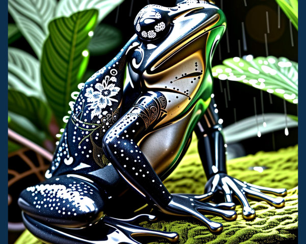 Black Frog with White Floral Patterns on Green Leaf