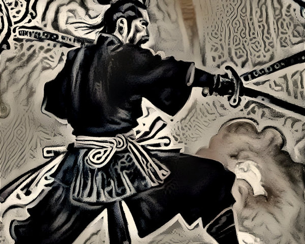 Fierce Samurai in Dynamic Pose with Katana