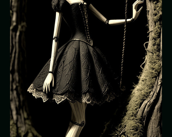 Porcelain-like doll in black dress with eerie backdrop