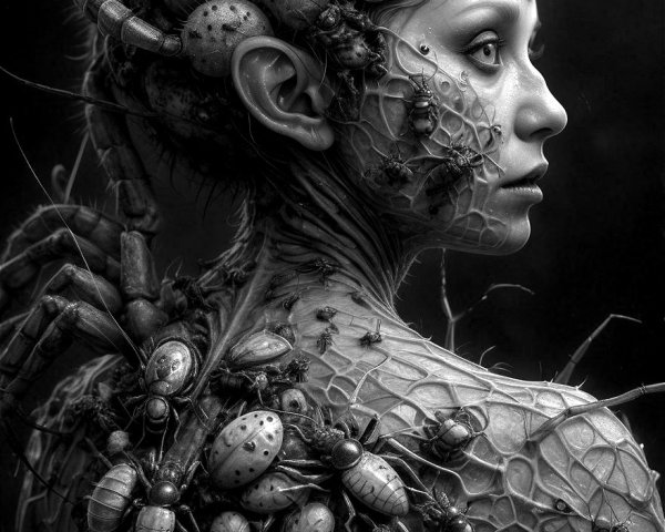 Surreal Black-and-White Portrait of Female Figure with Insects