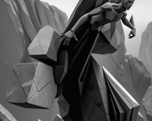 Stylized Figure Among Geometric Rocks in Monochrome