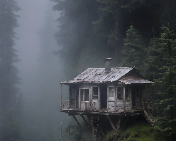Wooden Cabin on Stilts in Misty Forest Setting