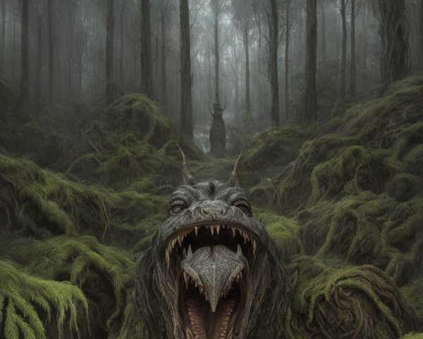 Monstrous Creature in a Foggy Forest Setting