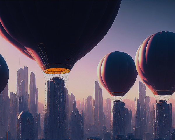 Hot Air Balloons Over a Futuristic Skyline Scene