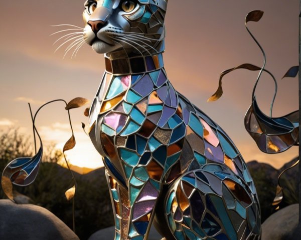Colorful Stained Glass Cat Statue with Sunset Background