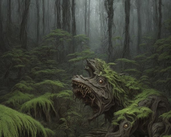 Misty Forest with Ancient Trees and Monstrous Heads