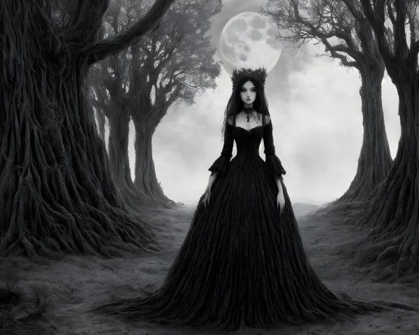 Mysterious Figure in Dark Enchanted Forest Scene