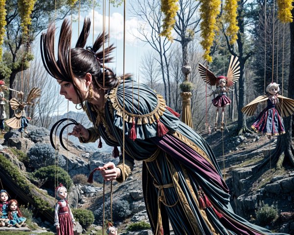 Whimsical Scene of a Towering Figure with Puppets