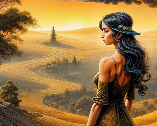 Serene sunset landscape with a woman in a dress